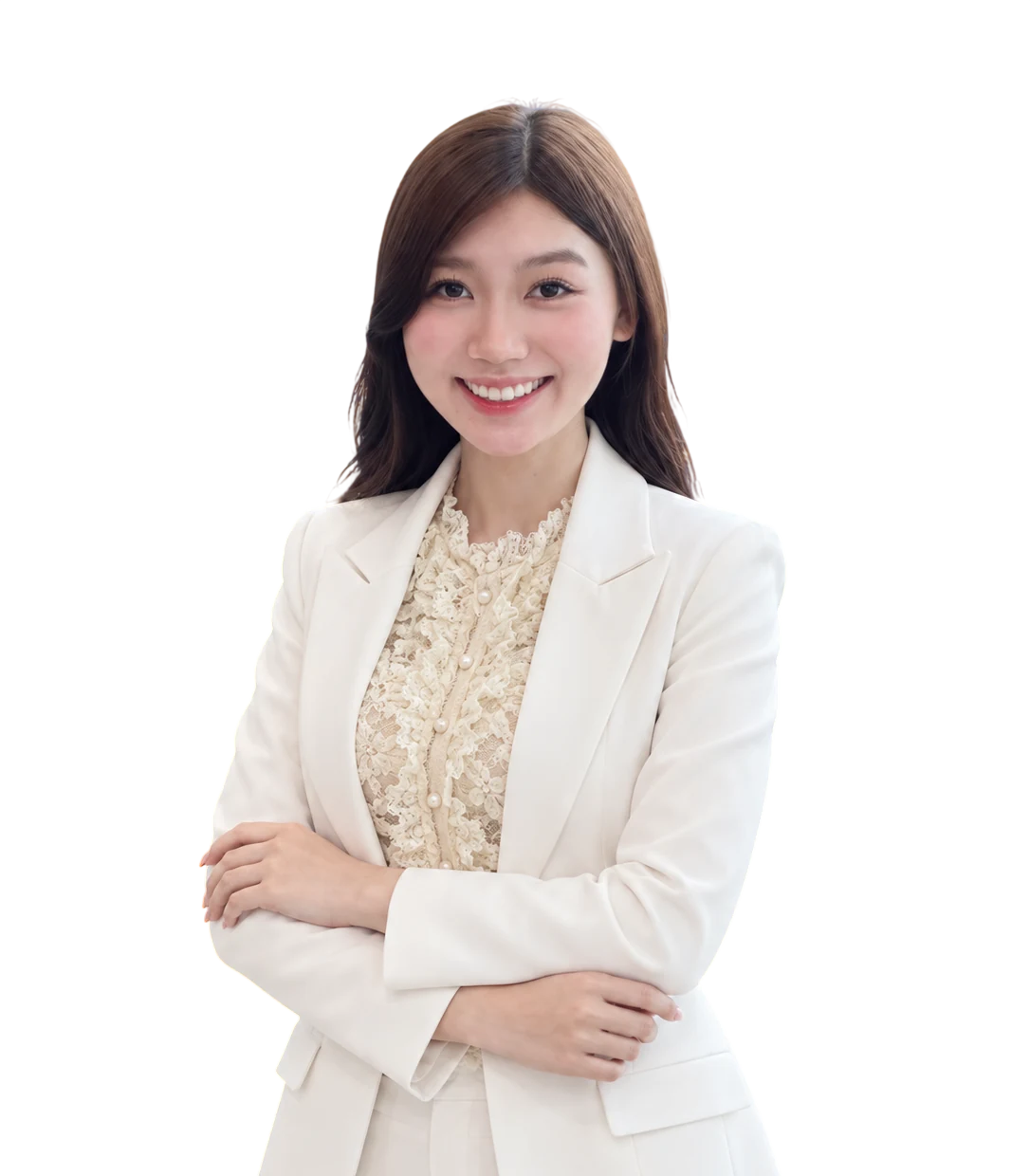Mie Dương, chuyên viên tư vấn chính VPBankS, áo vest trắng, khoanh tay